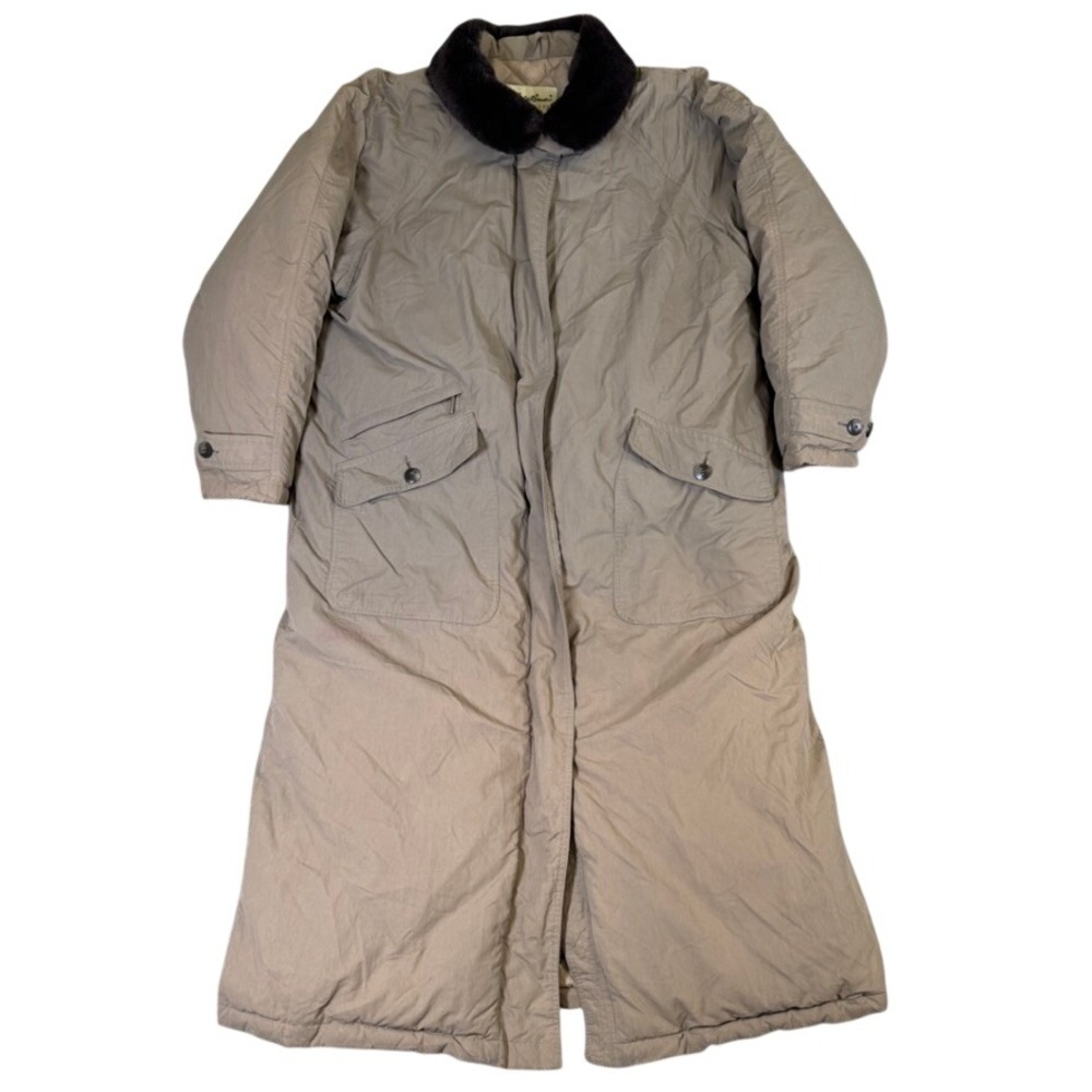 Eddie Bauer Womens Tan Goose Down Faux Fur Collar Long Parka Coat Size L